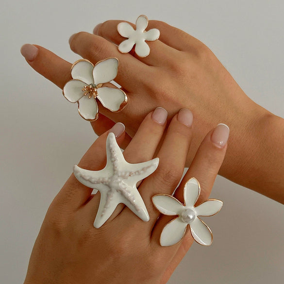 Wholesale Jewelry Ins Style Iron Dripping Oil Geometric Fivepetal Flower And Starfish Ring Electroplated