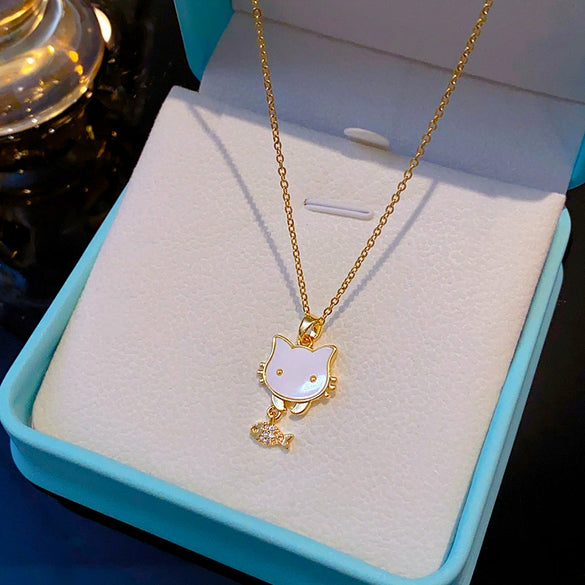 Wholesale Jewelry Kitten Eating Fish Pendant Copper Titanium Steel Cross Chain Electroplated Animals Zodiac Style Women's