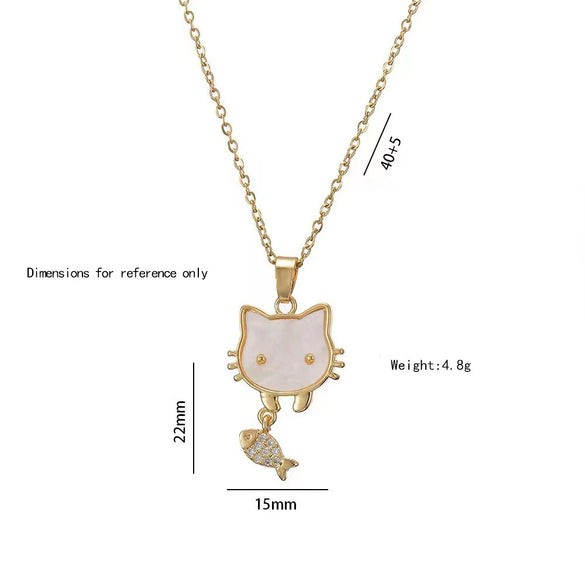 Wholesale Jewelry Kitten Eating Fish Pendant Copper Titanium Steel Cross Chain Electroplated Animals Zodiac Style Women's