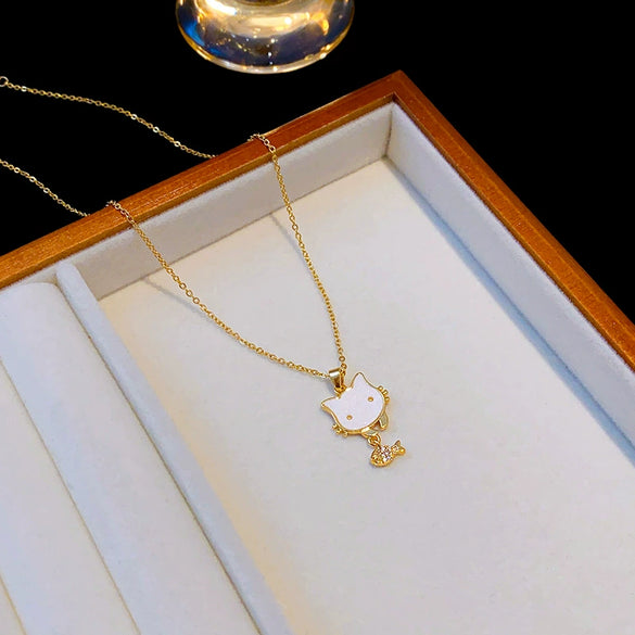 Wholesale Jewelry Kitten Eating Fish Pendant Copper Titanium Steel Cross Chain Electroplated Animals Zodiac Style Women's