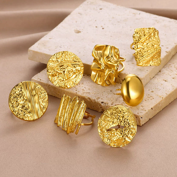 Wholesale Jewelry Lava Pleated Hammer Pattern Stainless Steel Ring With Geometric Wave Design And Electroplating Treatment Unisex