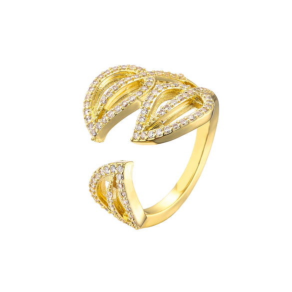 Wholesale Jewelry Leaf Pattern Brass Gold Plated Micro Inlaid Zircon Opening Adjustable Ring