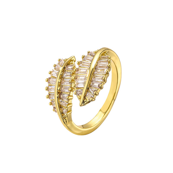 Wholesale Jewelry Leaf Pattern Brass Gold Plated Micro Inlaid Zircon Opening Adjustable Ring