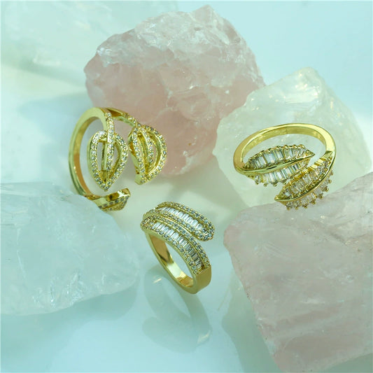Wholesale Jewelry Leaf Pattern Brass Gold Plated Micro Inlaid Zircon Opening Adjustable Ring