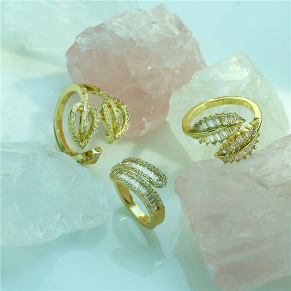 Wholesale Jewelry Leaf Pattern Brass Gold Plated Micro Inlaid Zircon Opening Adjustable Ring