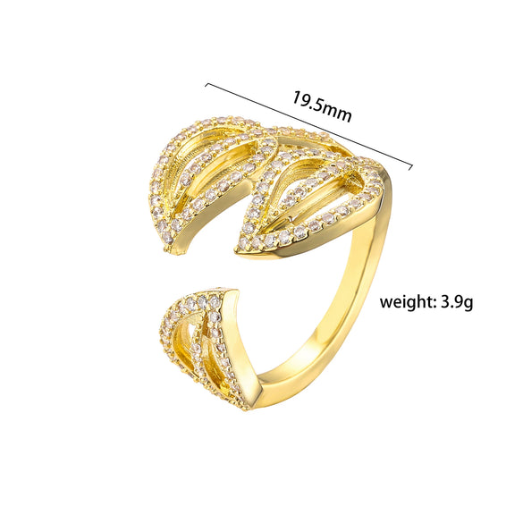 Wholesale Jewelry Leaf Pattern Brass Gold Plated Micro Inlaid Zircon Opening Adjustable Ring