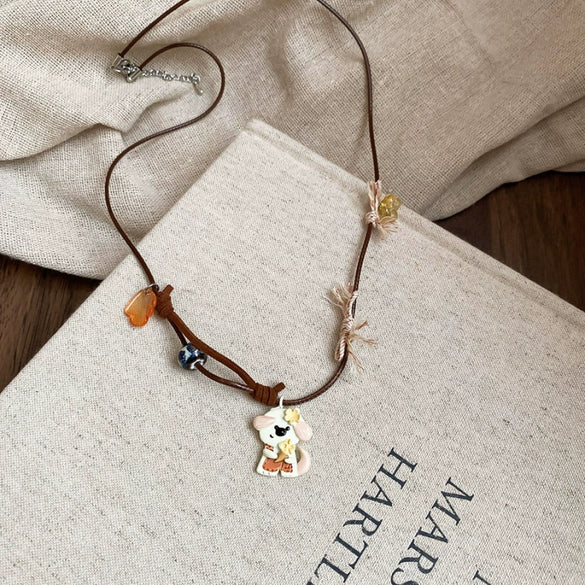 Wholesale Jewelry Leather Geometric Hand Knitted Croissant Smiley Face Bread Pendant Clavicle Chain