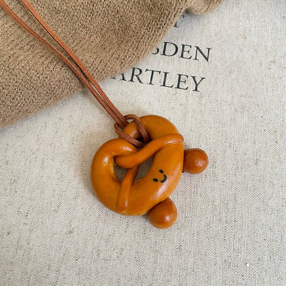 Wholesale Jewelry Leather Geometric Hand Knitted Croissant Smiley Face Bread Pendant Clavicle Chain