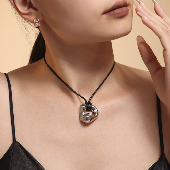 Wholesale Jewelry Leather Rope Adjustable Necklace For Women Heavy Industry Curved Surface Design 316L Stainless Steel Pvd Plated Geometric Style