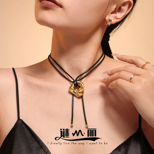 Wholesale Jewelry Leather Rope Adjustable Necklace For Women Heavy Industry Curved Surface Design 316L Stainless Steel Pvd Plated Geometric Style