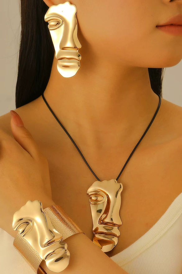 Wholesale Jewelry Leather Rope Alloy Human Face Pattern Electroplated Personality Pendant Fourpiece Set For Women