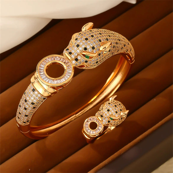 Wholesale Jewelry Leopard Print Copper Goldplated Bracelet Ring With Micro Inlaid Zircon Light Luxury Style