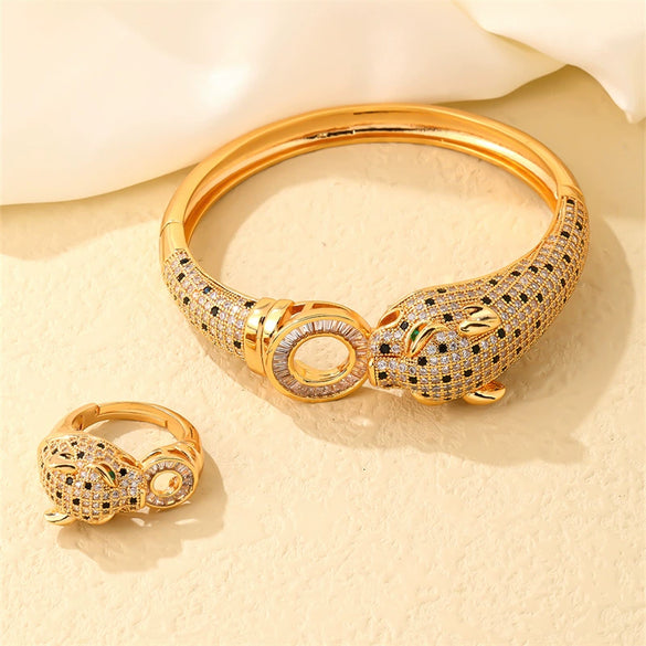 Wholesale Jewelry Leopard Print Copper Goldplated Bracelet Ring With Micro Inlaid Zircon Light Luxury Style