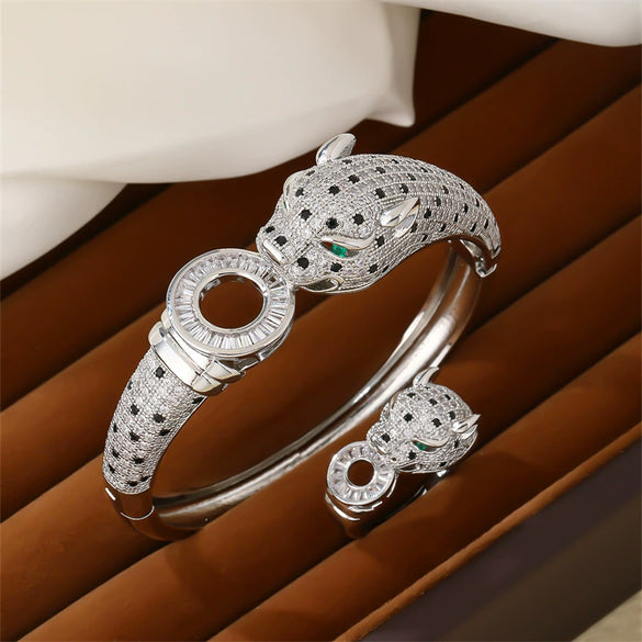Wholesale Jewelry Leopard Print Copper Goldplated Bracelet Ring With Micro Inlaid Zircon Light Luxury Style