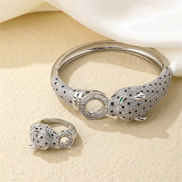 Wholesale Jewelry Leopard Print Copper Goldplated Bracelet Ring With Micro Inlaid Zircon Light Luxury Style