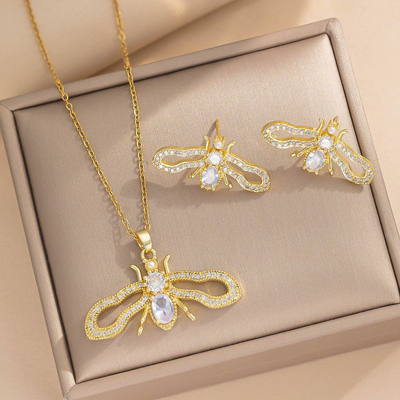 Wholesale Jewelry Light Luxury Copper Zircon Earrings Necklace Set With Real Gold Plated And Cartoon Characters Design