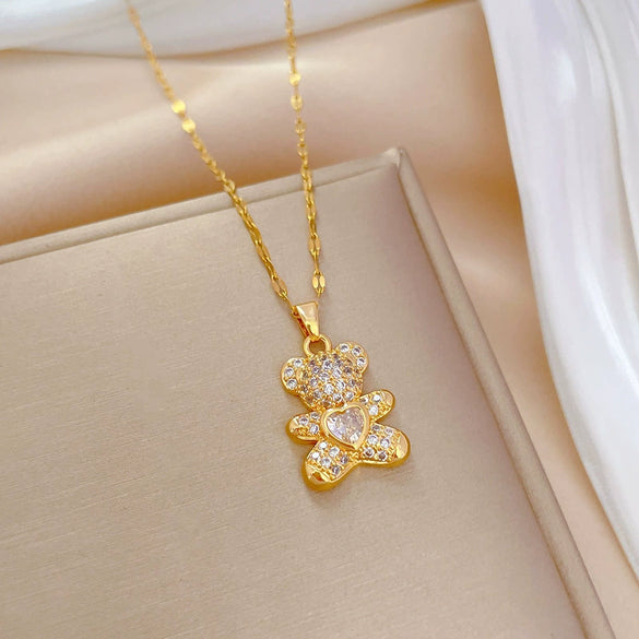 Wholesale Jewelry Light Luxury Geometric Bear Pendant Necklace Copper Pendant Stainless Steel Chain