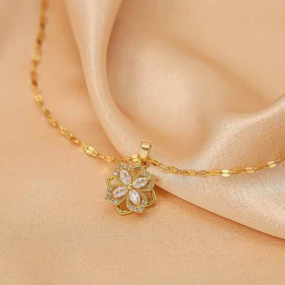 Wholesale Jewelry Light Luxury Geometric Fourleaf Clover Titanium Steel Necklace With Mixed Gemstone Pendant And Water Chain Microinlaid With Diamonds