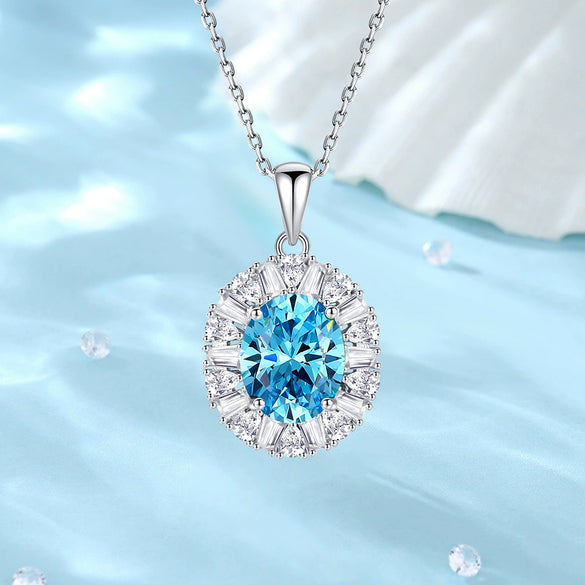 Wholesale Jewelry Light Luxury Geometric Marine Sapphire 925 Sterling Silver Clavicle Chain Pendant With Diamond For Women