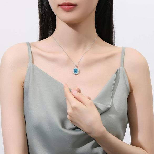 Wholesale Jewelry Light Luxury Geometric Marine Sapphire 925 Sterling Silver Clavicle Chain Pendant With Diamond For Women