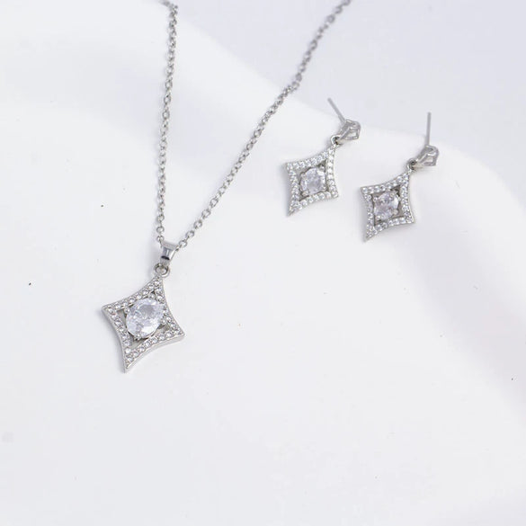 Wholesale Jewelry Light Luxury Geometric Quadrilateral Copper Inlaid Zircon Electroplated Pendant Necklace And Earrings Set For Women