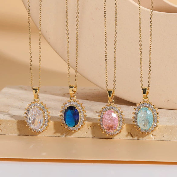 Wholesale Jewelry Light Luxury Geometric Resin Zircon Pendant Copper 14K Gold Plated Ochain Necklace For Women