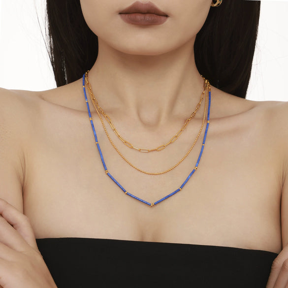 Wholesale Jewelry Light Luxury Geometric Stainless Steel Natural Lapis Lazuli Beaded Necklace 18K Gold Plated