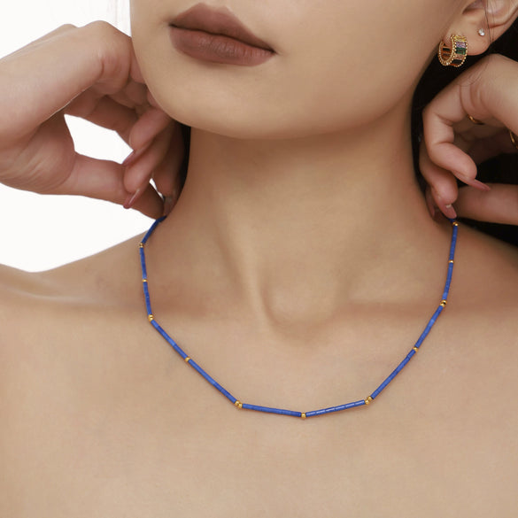 Wholesale Jewelry Light Luxury Geometric Stainless Steel Natural Lapis Lazuli Beaded Necklace 18K Gold Plated