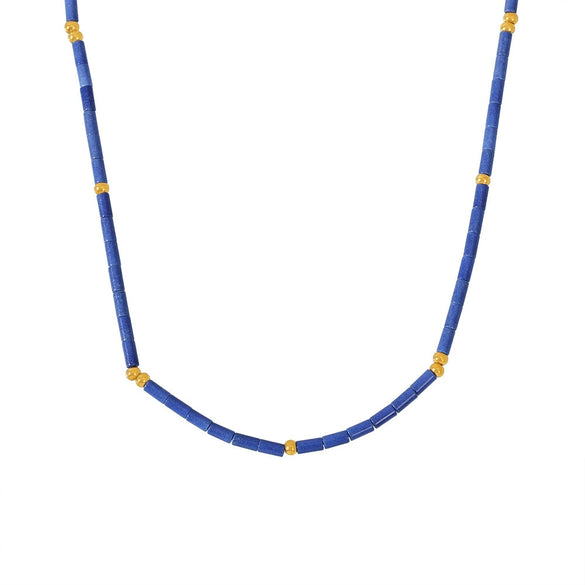 Wholesale Jewelry Light Luxury Geometric Stainless Steel Natural Lapis Lazuli Beaded Necklace 18K Gold Plated