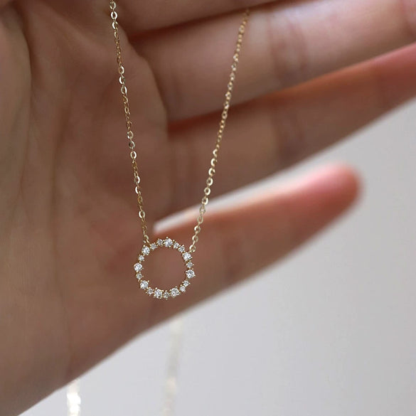 Wholesale Jewelry Light Luxury Geometric 925 Sterling Silver 14K Gold Plated Necklace With Inlaid Zircon And Diamond Circle Pendant Ochain For Women