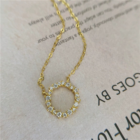 Wholesale Jewelry Light Luxury Geometric 925 Sterling Silver 14K Gold Plated Necklace With Inlaid Zircon And Diamond Circle Pendant Ochain For Women