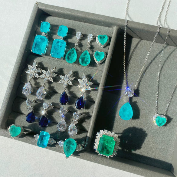 Wholesale Jewelry Light Luxury Geometric 925 Sterling Silver Mixed Gem Inlay Electroplated Ring Earrings Necklace Set