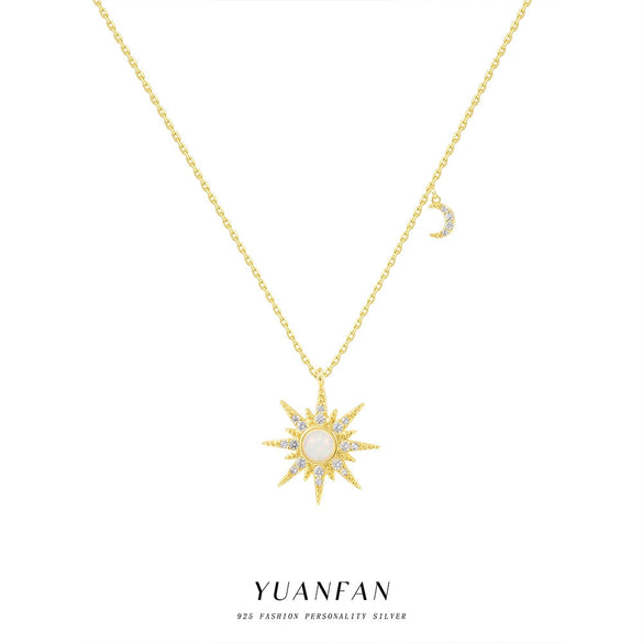 Wholesale Jewelry Light Luxury Geometric 925 Sterling Silver Sun Moon Opal Pendant Necklace For Women With Zirconia And Cross Chain