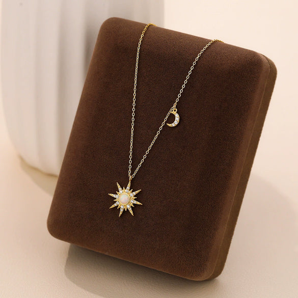 Wholesale Jewelry Light Luxury Geometric 925 Sterling Silver Sun Moon Opal Pendant Necklace For Women With Zirconia And Cross Chain