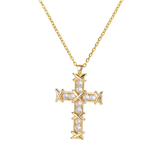 Wholesale Jewelry Light Luxury Microinlaid Zircon Cross Pendant Necklace Copper Electroplating Geometric Flower Style Women's