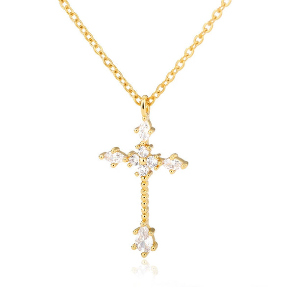 Wholesale Jewelry Light Luxury Microinlaid Zircon Cross Pendant Necklace Copper Electroplating Geometric Flower Style Women's
