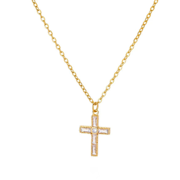 Wholesale Jewelry Light Luxury Microinlaid Zircon Cross Pendant Necklace Copper Electroplating Geometric Flower Style Women's