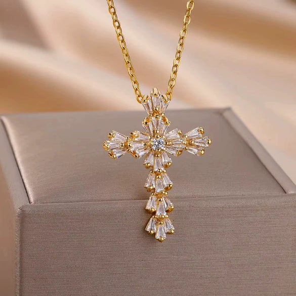 Wholesale Jewelry Light Luxury Microinlaid Zircon Cross Pendant Necklace Copper Electroplating Geometric Flower Style Women's