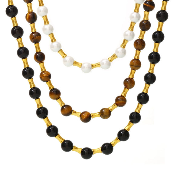 Wholesale Jewelry Light Luxury Natural Stone Tiger Eye Bead Necklace 316L Stainless Steel Geometric Electroplated Chain For Women