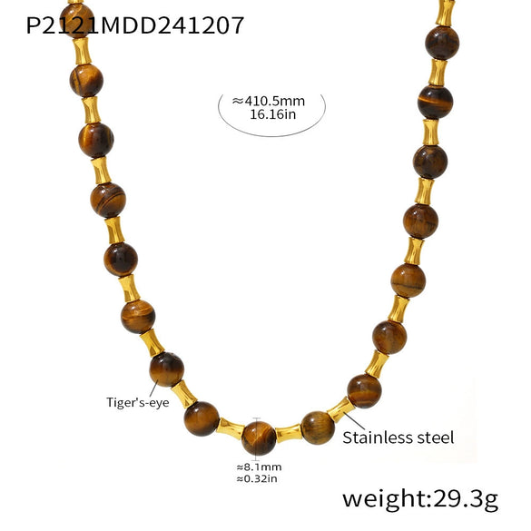 Wholesale Jewelry Light Luxury Natural Stone Tiger Eye Bead Necklace 316L Stainless Steel Geometric Electroplated Chain For Women