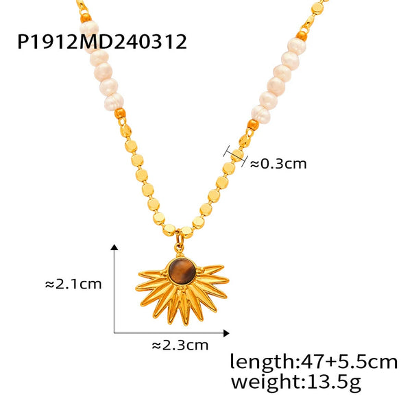 Wholesale Jewelry Light Luxury Natural Tiger Eye Pendant Freshwater Pearl Beaded Copper Necklace With Geometric Pattern And Electroplating