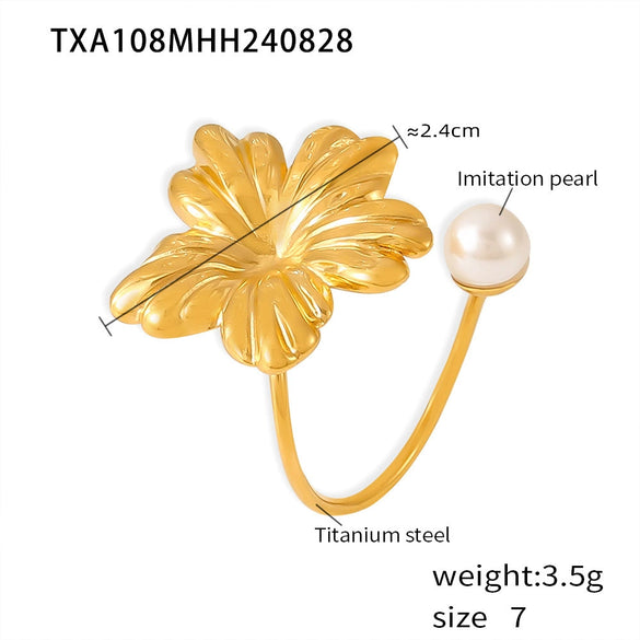 Wholesale Jewelry Light Luxury Pearl Flower 316L Stainless Steel Ring And Earrings With Electroplating