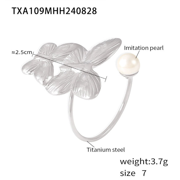 Wholesale Jewelry Light Luxury Pearl Flower 316L Stainless Steel Ring And Earrings With Electroplating