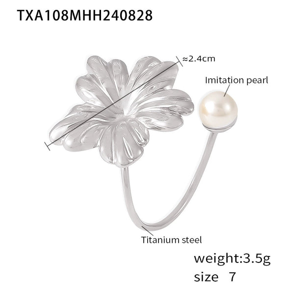 Wholesale Jewelry Light Luxury Pearl Flower 316L Stainless Steel Ring And Earrings With Electroplating