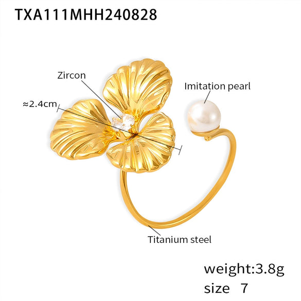 Wholesale Jewelry Light Luxury Pearl Flower 316L Stainless Steel Ring And Earrings With Electroplating