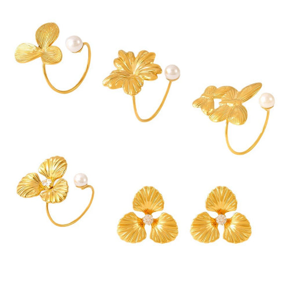 Wholesale Jewelry Light Luxury Pearl Flower 316L Stainless Steel Ring And Earrings With Electroplating
