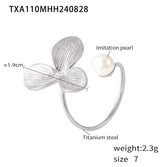 Wholesale Jewelry Light Luxury Pearl Flower 316L Stainless Steel Ring And Earrings With Electroplating