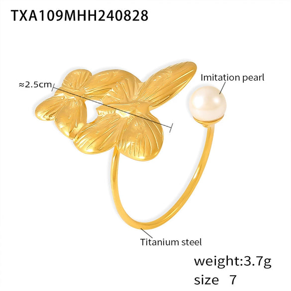 Wholesale Jewelry Light Luxury Pearl Flower 316L Stainless Steel Ring And Earrings With Electroplating