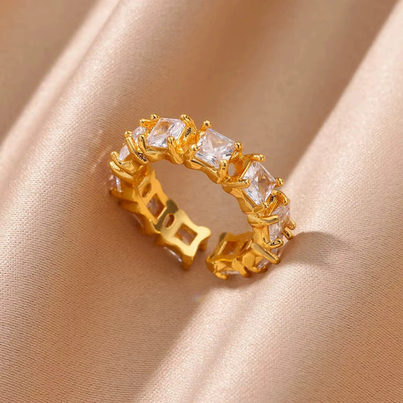 Wholesale Jewelry Light Luxury Retro Style Green Zircon Open Ushaped Stainless Steel Ring With 18K Gold Plated Electroplating For Women