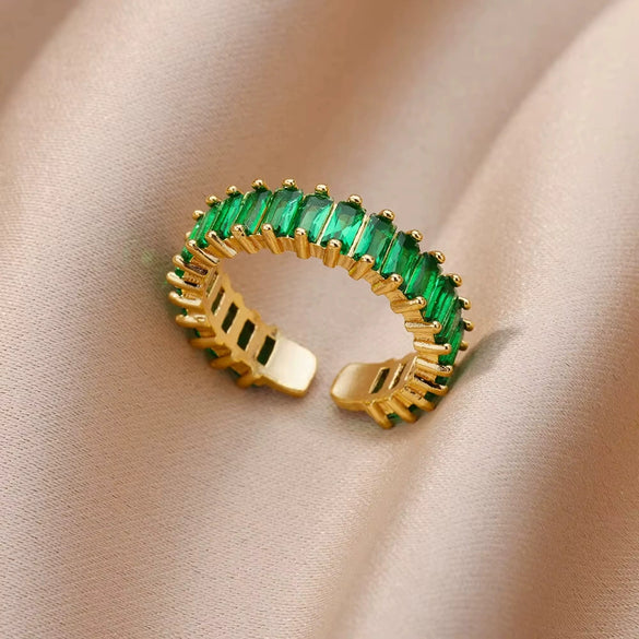Wholesale Jewelry Light Luxury Retro Style Green Zircon Open Ushaped Stainless Steel Ring With 18K Gold Plated Electroplating For Women